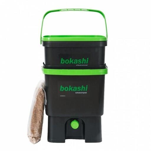 Startkit - 2 st bokashihinkar med kran + 1 kg strö